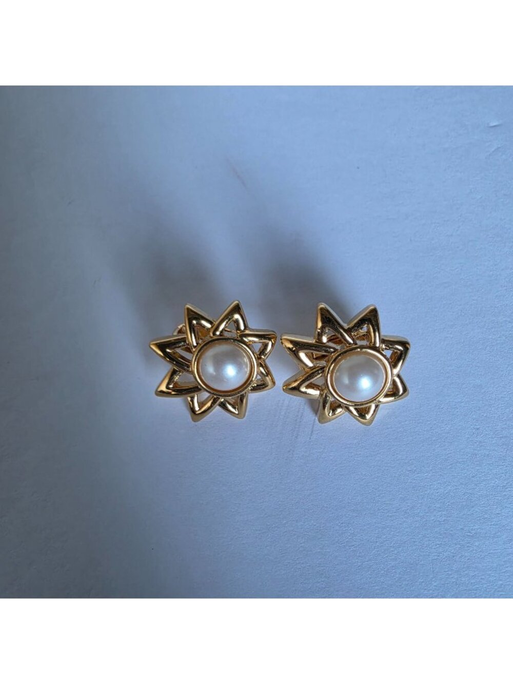 Gold Tone Faux Pearl Starburst Clip-On Earrings Statement Retro